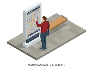 Isometric metro or subway map. Underground way. Fictional metro map. Subway station platform. High speed train.