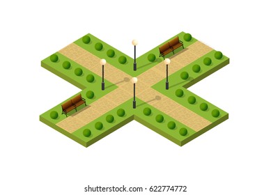 Isometric metropolis city park with streets and trees. Urban landscape top view