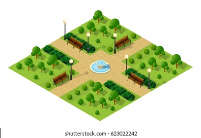 Isometric Metropolis City Park With Streets And Trees. Urban Landscape Top View