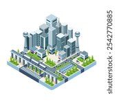 Isometric Metropolis Transportation System with Buses, Train, and Elevated Rail Transport. Metropolis Transportation System Concept