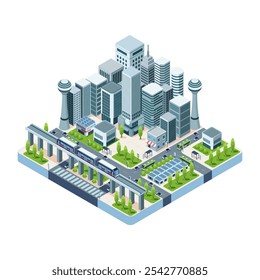 Isometrisches Metropolis-Transportsystem mit Bussen, Zug und Elevated Rail Transport. Metropolis Transportsystem Konzept