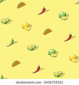 Isometric mexican food seamless pattern on yellow background