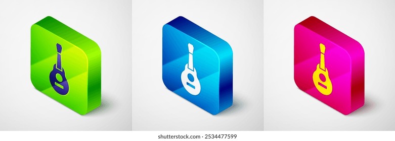 Isometric Mexican guitar icon isolated on grey background. Acoustic guitar. String musical instrument. Square button. Vector