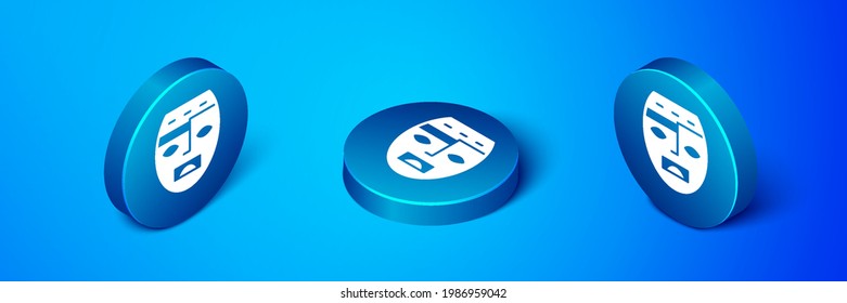 Isometric Mexican mayan or aztec mask icon isolated on blue background. Blue circle button. Vector