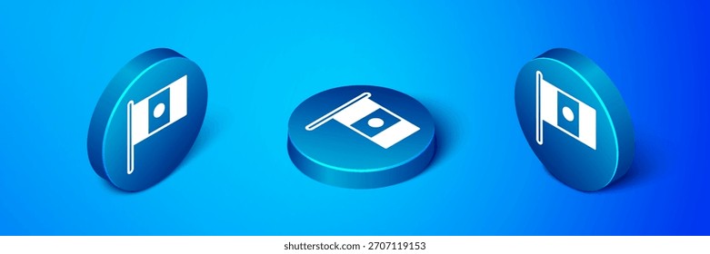Isometric Mexico flag on flagpole icon isolated on blue background. Blue circle button. Vector