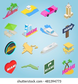 Isometric miami icons set. Universal miami icons to use for web and mobile UI, set of basic miami elements vector illustration