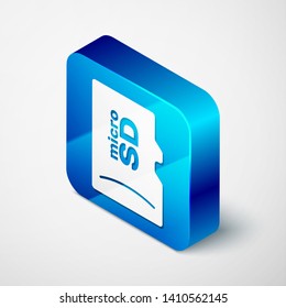 Isometric Micro SD memory card icon isolated on white background. Blue square button. Vector Illustration