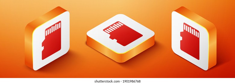 Isometric Micro SD memory card icon isolated on orange background. Orange square button. Vector.