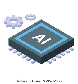 Microchip isométrico usando inteligência artificial com engrenagens funcionando