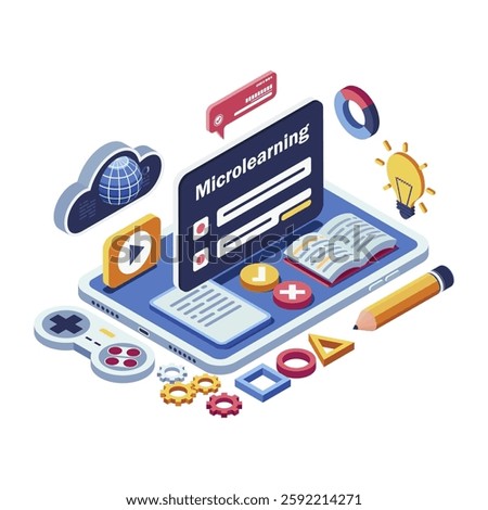 Isometric Microlearning with Educational Icons and Digital Tools Emphasizing Bite-Sized Online Education. Microlearning and E-Learning Concept