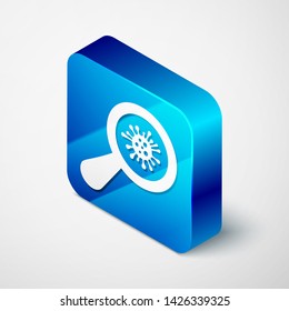 Isometric Microorganisms under magnifier icon isolated on white background. Bacteria and germs, cell cancer, microbe, virus, fungi. Blue square button. Vector Illustration