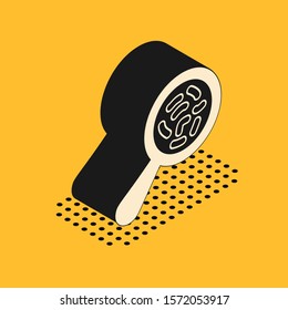 Isometric Microorganisms under magnifier icon isolated on yellow background. Bacteria and germs, cell cancer, microbe, virus, fungi.  Vector Illustration