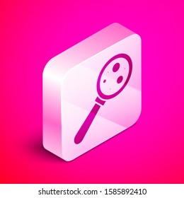 Isometric Microorganisms under magnifier icon isolated on pink background. Bacteria and germs, cell cancer, microbe, virus, fungi. Silver square button. Vector Illustration
