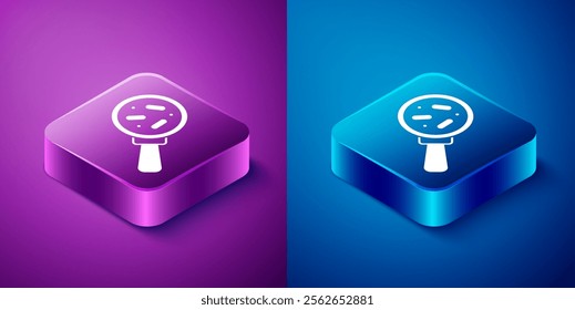 Isometric Microorganisms under magnifier icon isolated on blue and purple background. Bacteria and germs, cell cancer, microbe, virus, fungi. Square button. Vector