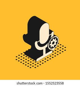 Isometric Microphone and gear icon isolated on yellow background. Adjusting app, service concept, setting options, maintenance, repair, fixing.  Vector Illustration
