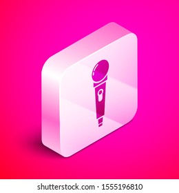 Isometric Microphone icon isolated on pink background. On air radio mic microphone. Speaker sign. Silver square button. Vector Illustration