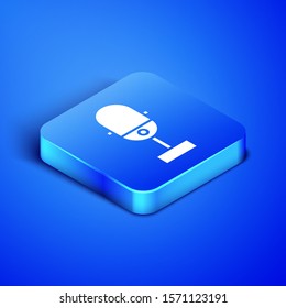 Isometric Microphone icon isolated on blue background. On air radio mic microphone. Speaker sign. Blue square button. Vector Illustration