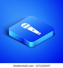 Isometric Microphone icon isolated on blue background. On air radio mic microphone. Speaker sign. Blue square button. Vector Illustration
