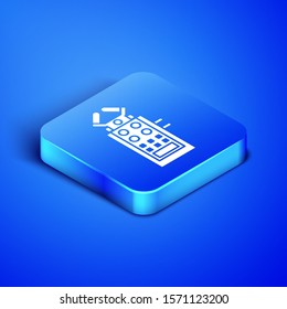 Isometric Microphone icon isolated on blue background. On air radio mic microphone. Speaker sign. Blue square button. Vector Illustration