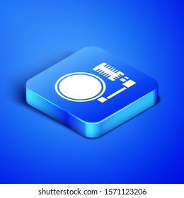 Isometric Microphone icon isolated on blue background. On air radio mic microphone. Speaker sign. Blue square button. Vector Illustration