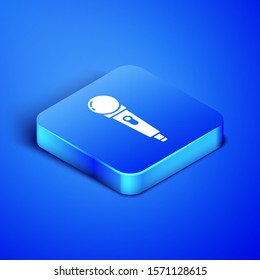 Isometric Microphone icon isolated on blue background. On air radio mic microphone. Speaker sign. Blue square button. Vector Illustration