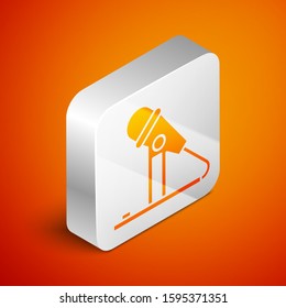 Isometric Microphone icon isolated on orange background. On air radio mic microphone. Speaker sign. Silver square button. Vector Illustration