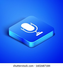 Isometric Microphone icon isolated on blue background. On air radio mic microphone. Speaker sign. Blue square button. Vector Illustration