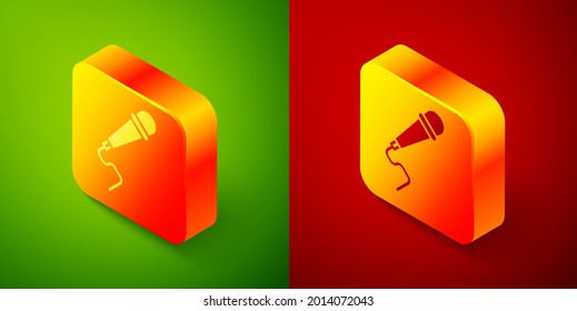 Isometric Microphone icon isolated on green and red background. On air radio mic microphone. Speaker sign. Square button. Vector Illustration