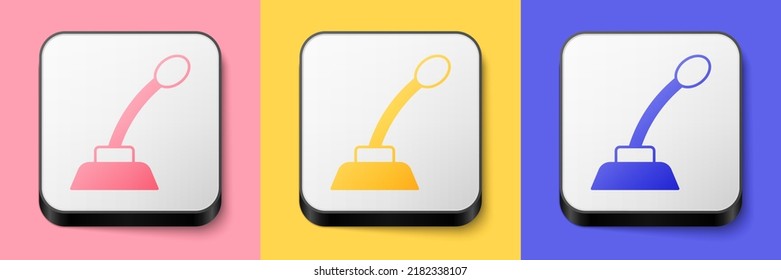 Isometrisches Mikrofon einzeln auf rosafarbenem, gelbem und blauem Hintergrund. auf einem Mikrofon mit Mikrofon der Luft. Lautsprecher-Schild. Knopf Quadrat. Vektorgrafik