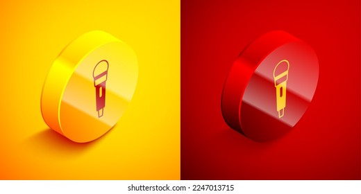Isometric Microphone icon isolated on orange and red background. On air radio mic microphone. Speaker sign. Circle button. Vector