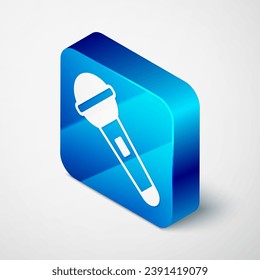 Isometric Microphone icon isolated on grey background. On air radio mic microphone. Speaker sign. Blue square button. Vector