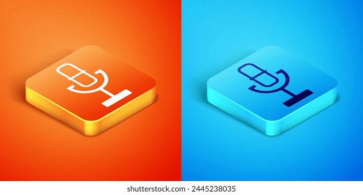 Icono de micrófono isométrico aislado sobre fondo naranja y azul. Micrófono de radio en el aire. Signo del altavoz.  Vector