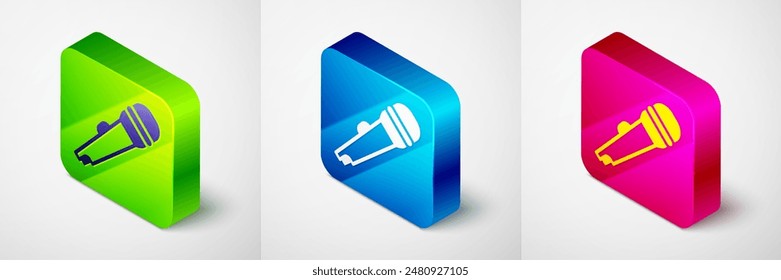 Isometric Microphone icon isolated on grey background. On air radio mic microphone. Speaker sign. Square button. Vector