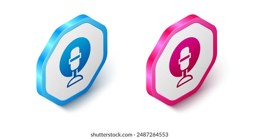 Icono de micrófono isométrico aislado sobre fondo blanco. Micrófono de radio en el aire. Signo del altavoz. Botón hexagonal. Vector