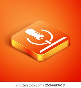 Isometrisches Mikrofonsymbol einzeln auf orangefarbenem Hintergrund. Radiomikrofon in der Luft. Lautsprecherzeichen.  Vektorgrafik