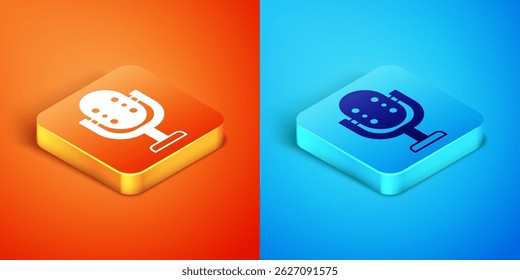 Isometric Microphone icon isolated on orange and blue background. On air radio mic microphone. Speaker sign.  Vector
