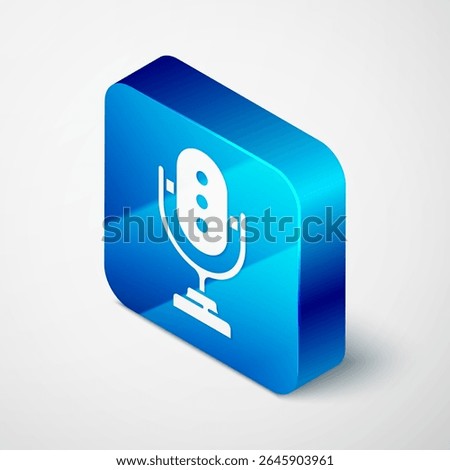 Isometric Microphone icon isolated on grey background. On air radio mic microphone. Speaker sign. Blue square button. Vector