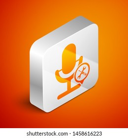 Isometric Microphone with screwdriver and wrench icon isolated on orange background. Adjusting, service, setting, maintenance, repair, fixing. Silver square button. Vector Illustration
