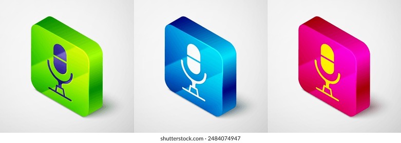Isometric Microphone voice device icon isolated on grey background. Microphone interpreter and alphabet letters. Square button. Vector