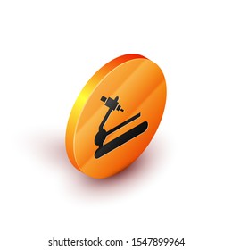 Isometric Microscope icon isolated on white background. Chemistry, pharmaceutical instrument, microbiology magnifying tool. Orange circle button. Vector Illustration