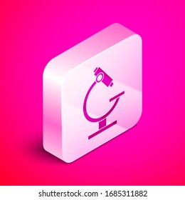 Isometric Microscope icon isolated on pink background. Chemistry, pharmaceutical instrument, microbiology magnifying tool. Silver square button. Vector Illustration