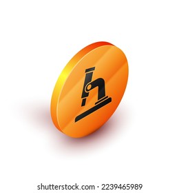 Isometric Microscope icon isolated on white background. Chemistry, pharmaceutical instrument, microbiology magnifying tool. Orange circle button. Vector