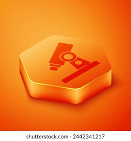 Isometric Microscope icon isolated on orange background. Chemistry, pharmaceutical instrument, microbiology magnifying tool. Orange hexagon button. Vector