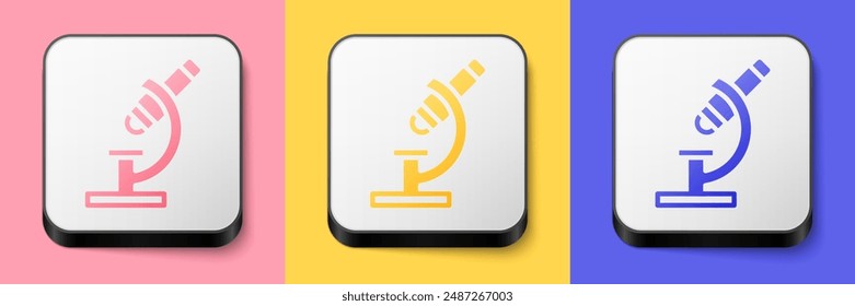 Isometric Microscope icon isolated on pink, yellow and blue background. Chemistry, pharmaceutical instrument, microbiology magnifying tool. Square button. Vector