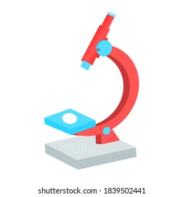 Isometric microscope icon. Symbol of science, chemistry, pharmaceutical instrument, microbiology magnifying tool. 3D Microscope for graphic design template. Suitable for logo, web site, UI, mobile app