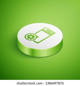 Isometric Microwave oven and gear icon isolated on green background. Adjusting app, service concept, setting options, maintenance, repair, fixing. White circle button. Vector Illustration
