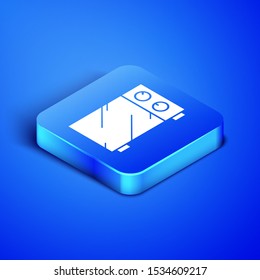 Isometric Microwave oven icon isolated on blue background. Home appliances icon. Blue square button. Vector Illustration