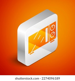 Isometric Microwave oven icon isolated on orange background. Home appliances icon. Silver square button. Vector