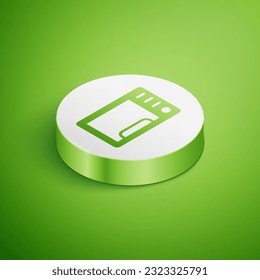 Isometric Microwave oven icon isolated on green background. Home appliances icon. White circle button. Vector