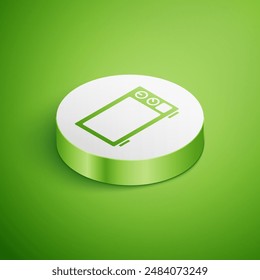 Icono de horno de microondas isométrico aislado sobre fondo verde. Icono de electrodomésticos. Botón de círculo blanco. Vector